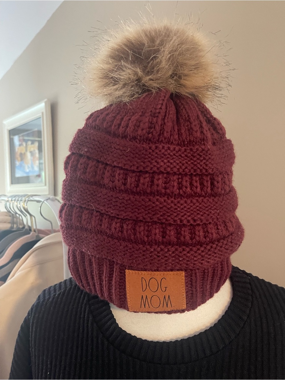 Rae Dunn DOG MOM Pom-Pom Beanie - Burgundy
